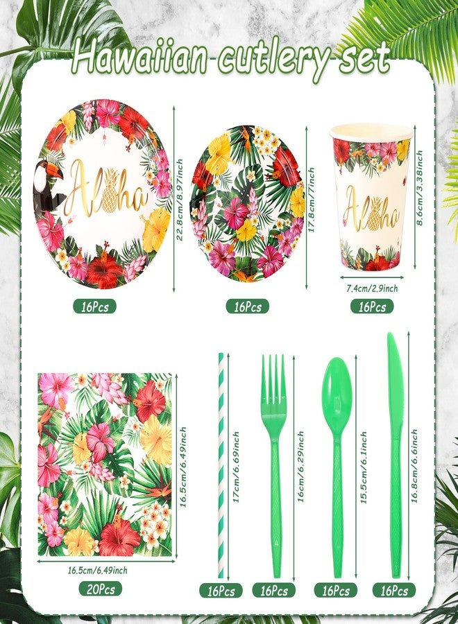 هواف مجموعة أدوات مائدة هاواي ألوها للاستخدام مرة واحدة من هاوف، 133 قطعة، تتضمن مناديل لواو استوائية، أطباق، أكواب، مفرش طاولة، سكاكين، شوك، وملاعق، هدايا مثالية لحفلات أعياد الميلاد الصيفية، تكفي 16 ضيفًا - Image 2